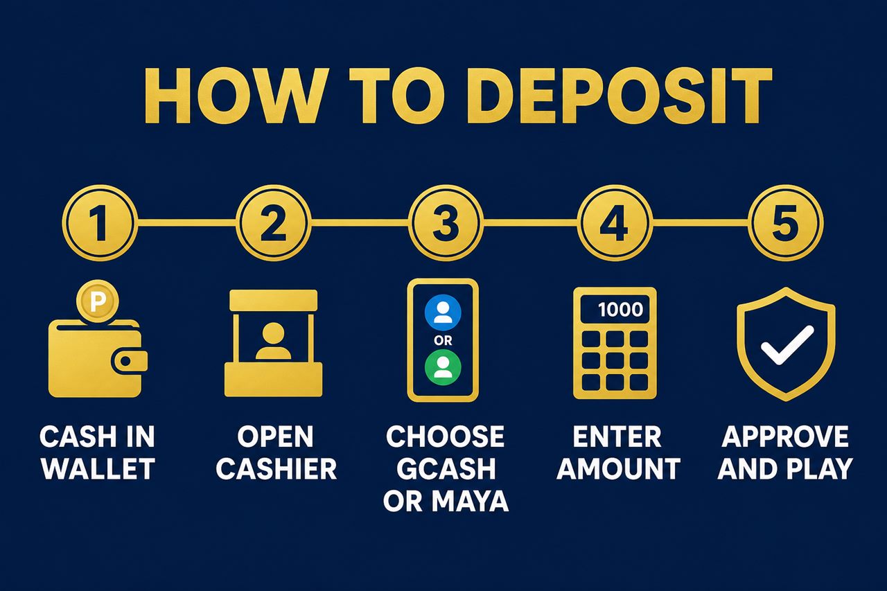 Five step FalconPlay deposit process shown as a timeline