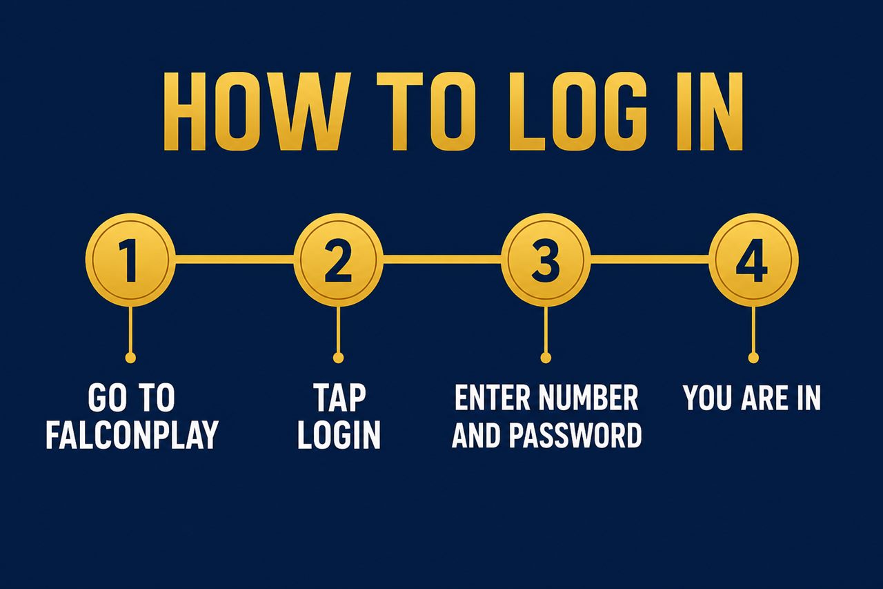 Four step FalconPlay login process shown as a timeline