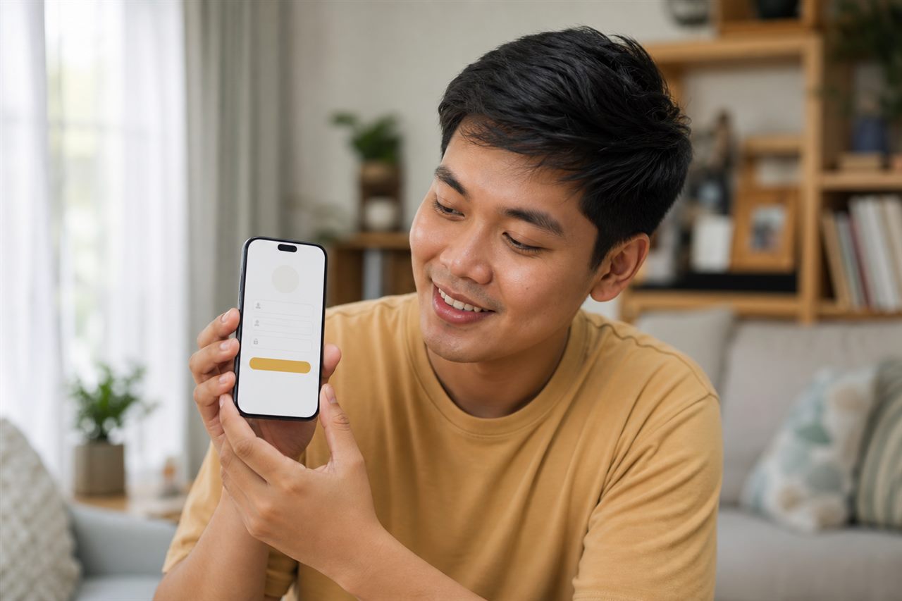 A Filipino player creating a new FalconPlay account on a smartphone