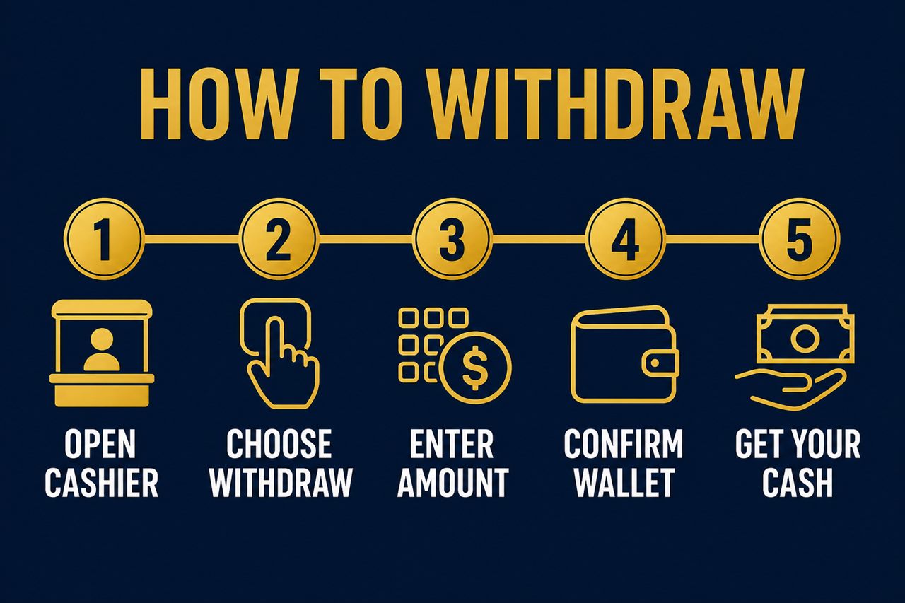 Five step FalconPlay withdrawal process shown as a timeline