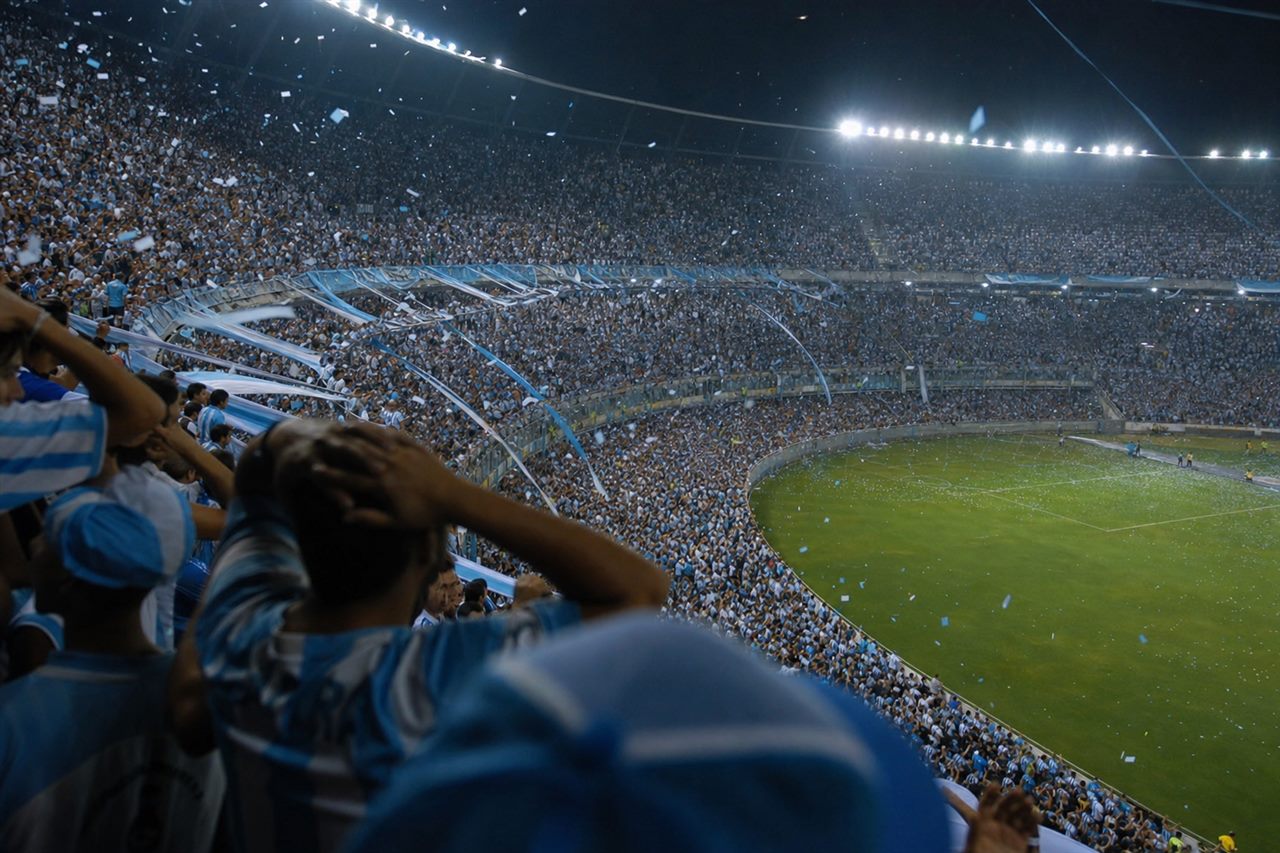 A packed stadium at night filled with anxious supporters in light blue and white, tension and relief on a sea of fans, confetti in the floodlights, no identifiable faces, no readable text or logos