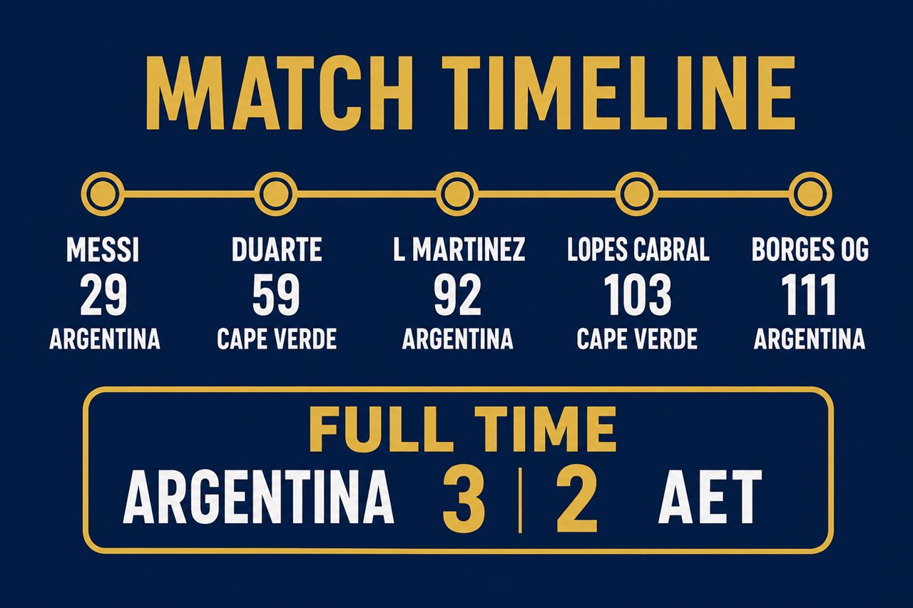 Match timeline graphic: Messi scores for Argentina on 29, Duarte for Cape Verde on 59, Lisandro Martinez for Argentina on 92, Lopes Cabral for Cape Verde on 103, Borges own goal on 111, full time Argentina 3 2 after extra time