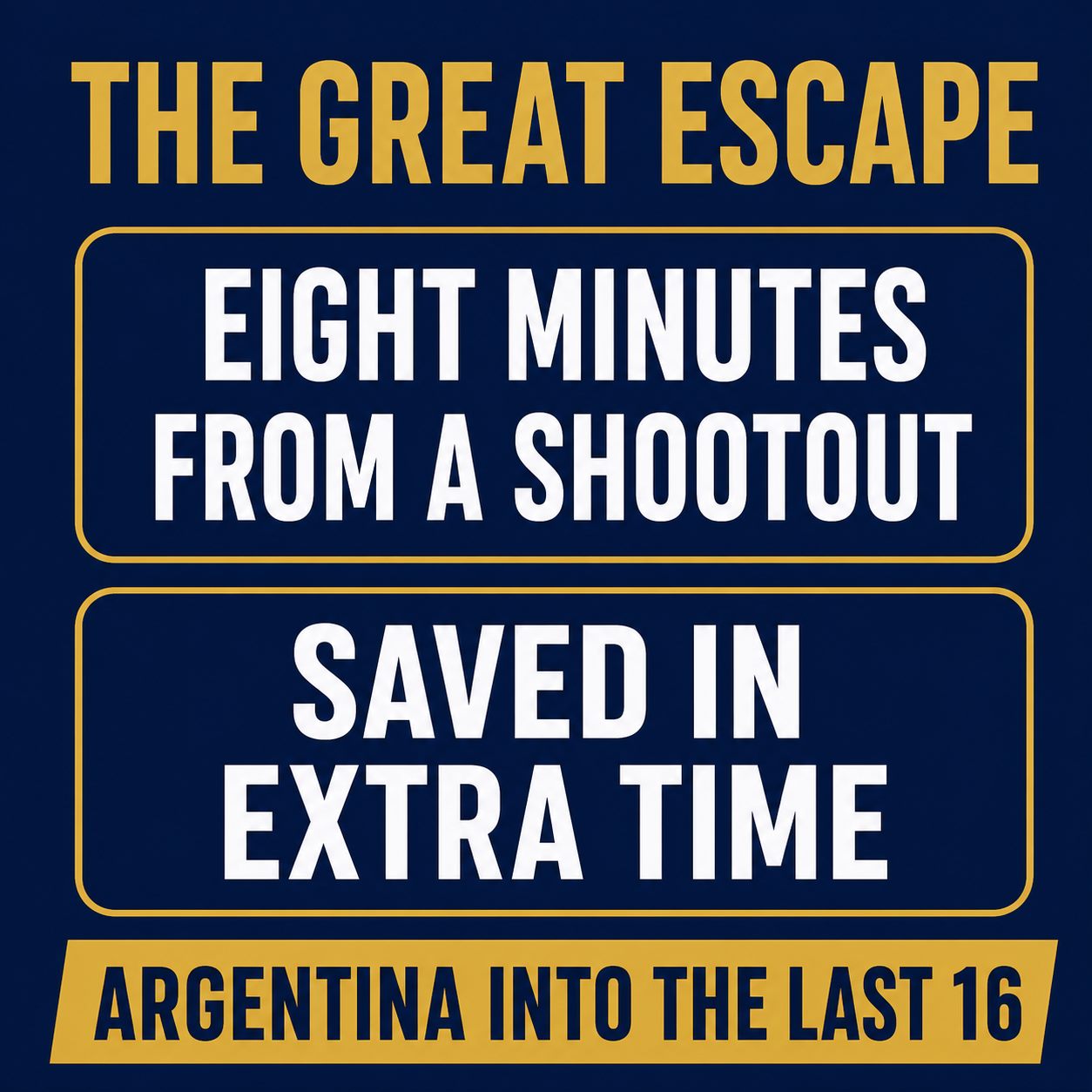 Graphic titled the great escape: eight minutes from a shootout, saved in extra time, and a banner reading Argentina into the last 16