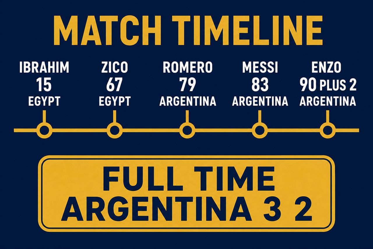 Match timeline graphic: Ibrahim 15 Egypt, Zico 67 Egypt, Romero 79 Argentina, Messi 83 Argentina, Enzo 90 plus 2 Argentina, full time Argentina 3 2
