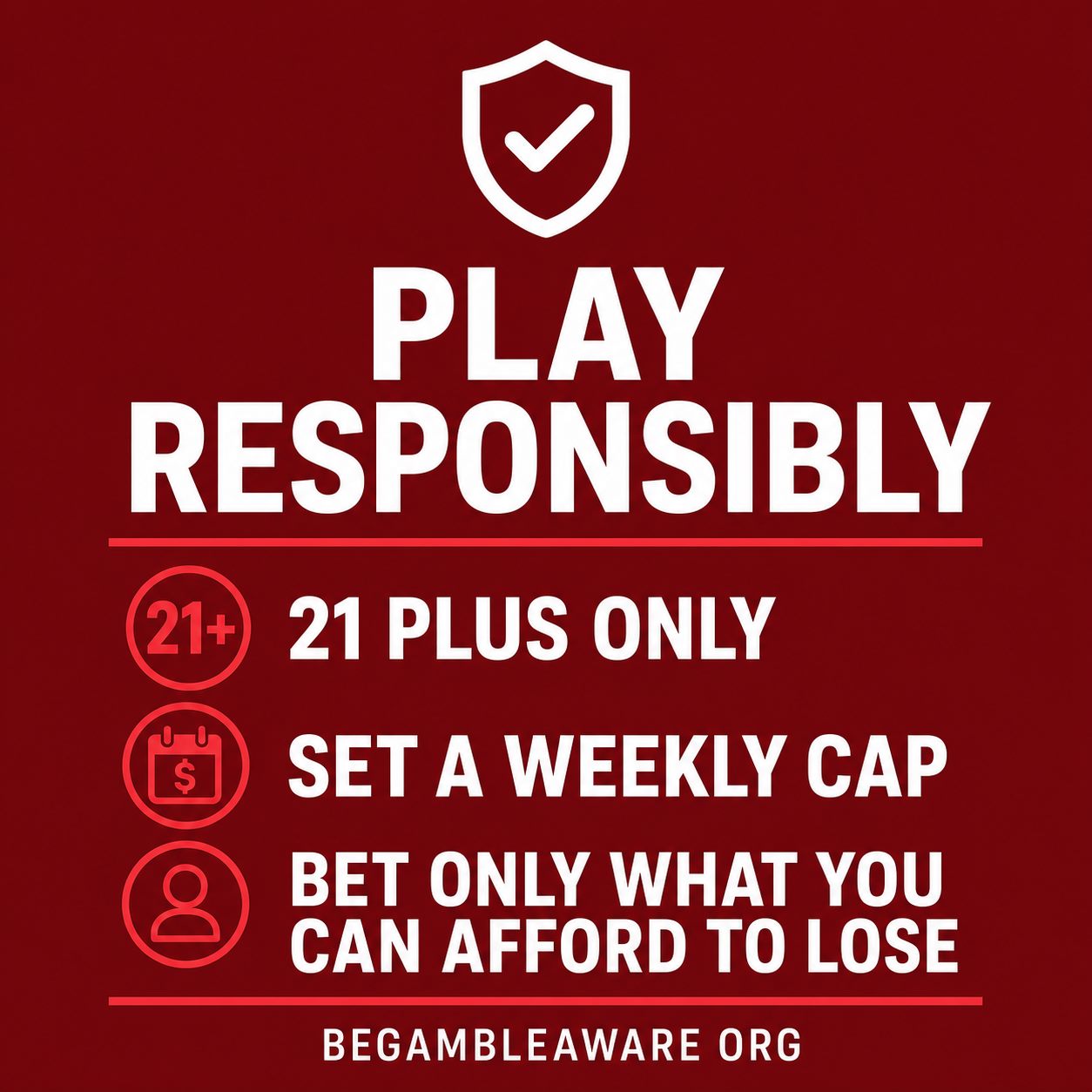 Responsible gambling reminder: bet responsibly, 21 plus, BeGambleAware