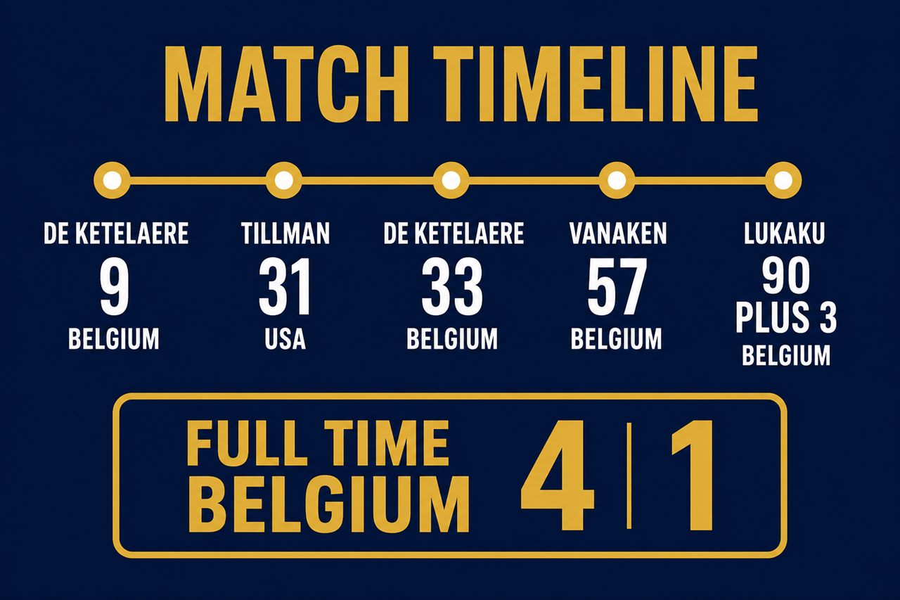 Match timeline graphic: De Ketelaere 9 Belgium, Tillman 31 USA, De Ketelaere 33 Belgium, Vanaken 57 Belgium, Lukaku 90 plus 3 Belgium, full time Belgium 4 1