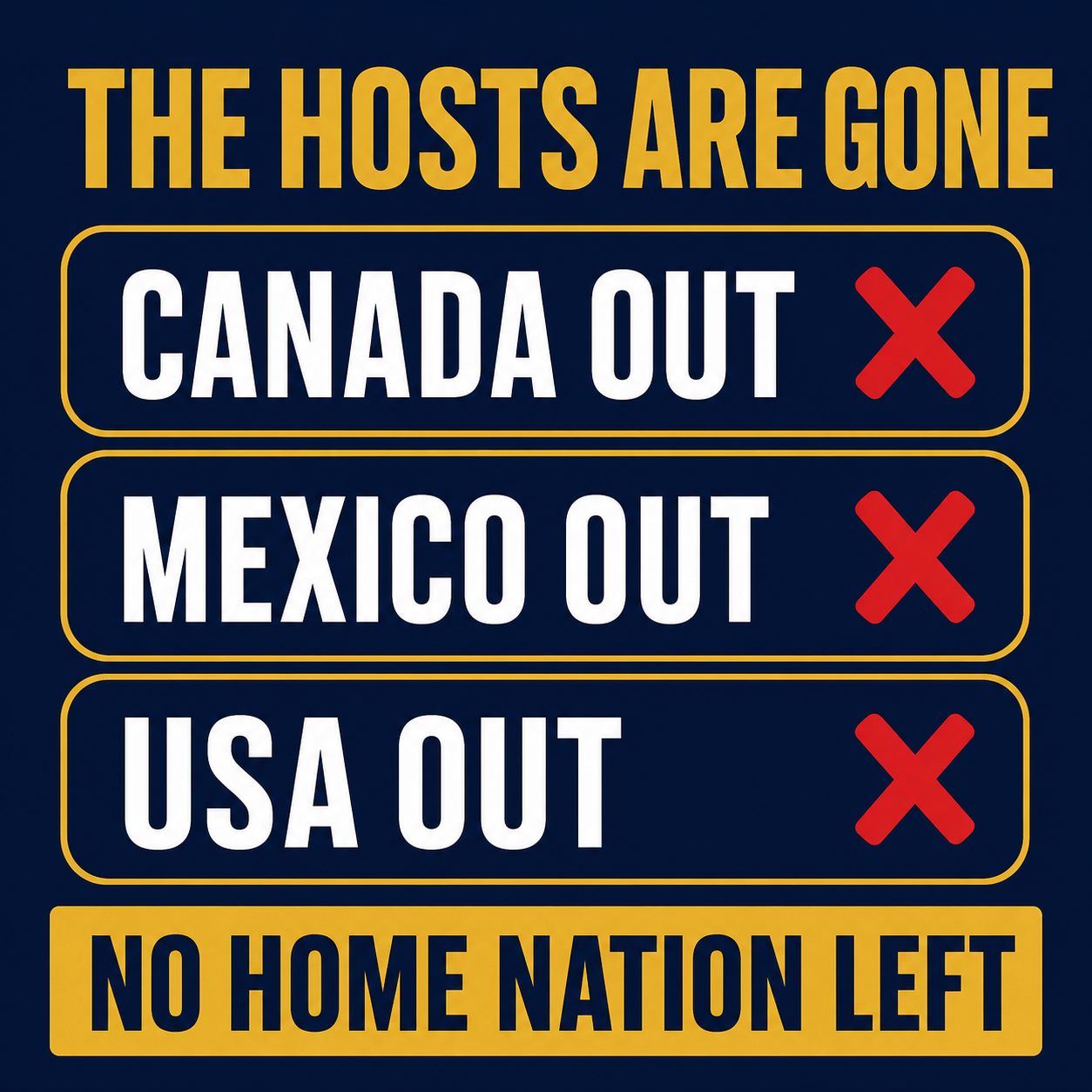 Graphic titled the hosts are gone: Canada out, Mexico out, USA out each with a red cross, and a banner reading no home nation left