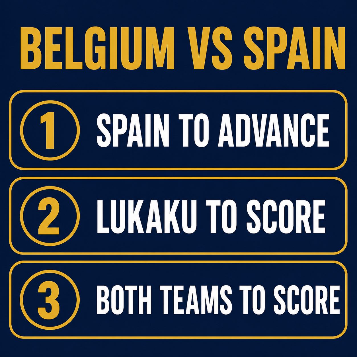 Best bets graphic for Belgium vs Spain: Spain to advance, Lukaku to score, both teams to score, three ranked angles