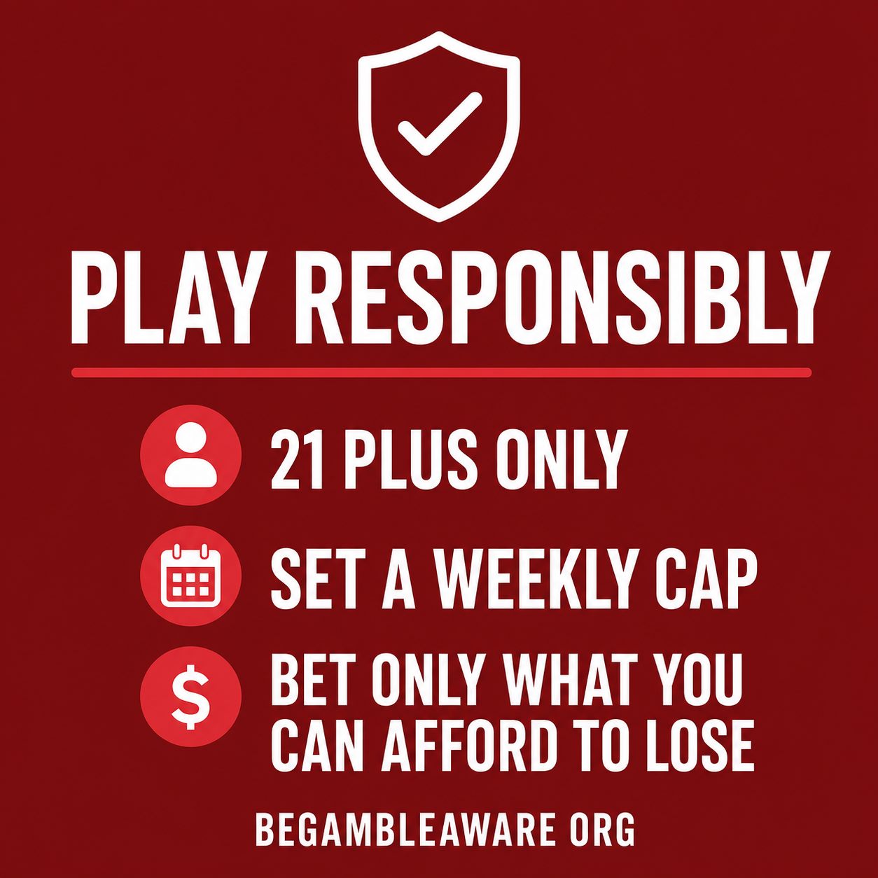 Responsible gambling reminder: bet responsibly, 21 plus, BeGambleAware