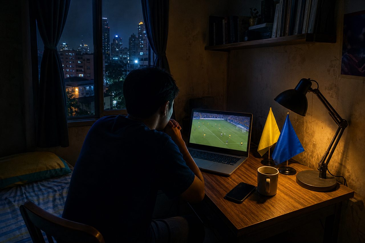 A Filipino fan watching a late-night match on a phone from a Manila bedroom desk, small yellow and blue team flags, a cold screen glow and a warm lamp, no identifiable face