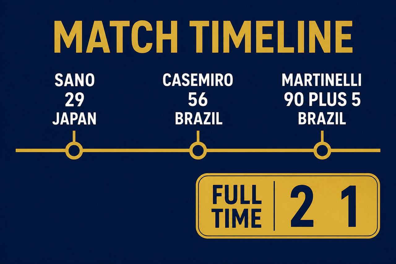 Match timeline graphic: Japan lead on 29 minutes through Sano, Brazil equalise on 56 through Casemiro, Brazil win it on 90 plus 5 through Martinelli, final score 2-1