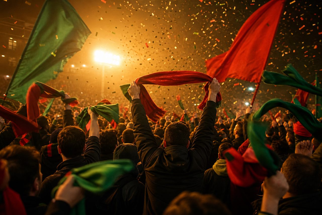 A jubilant crowd of football supporters celebrating an away win at night, waving plain red and green scarves and flags with arms raised, confetti in the floodlights, no identifiable faces, no readable text or logos