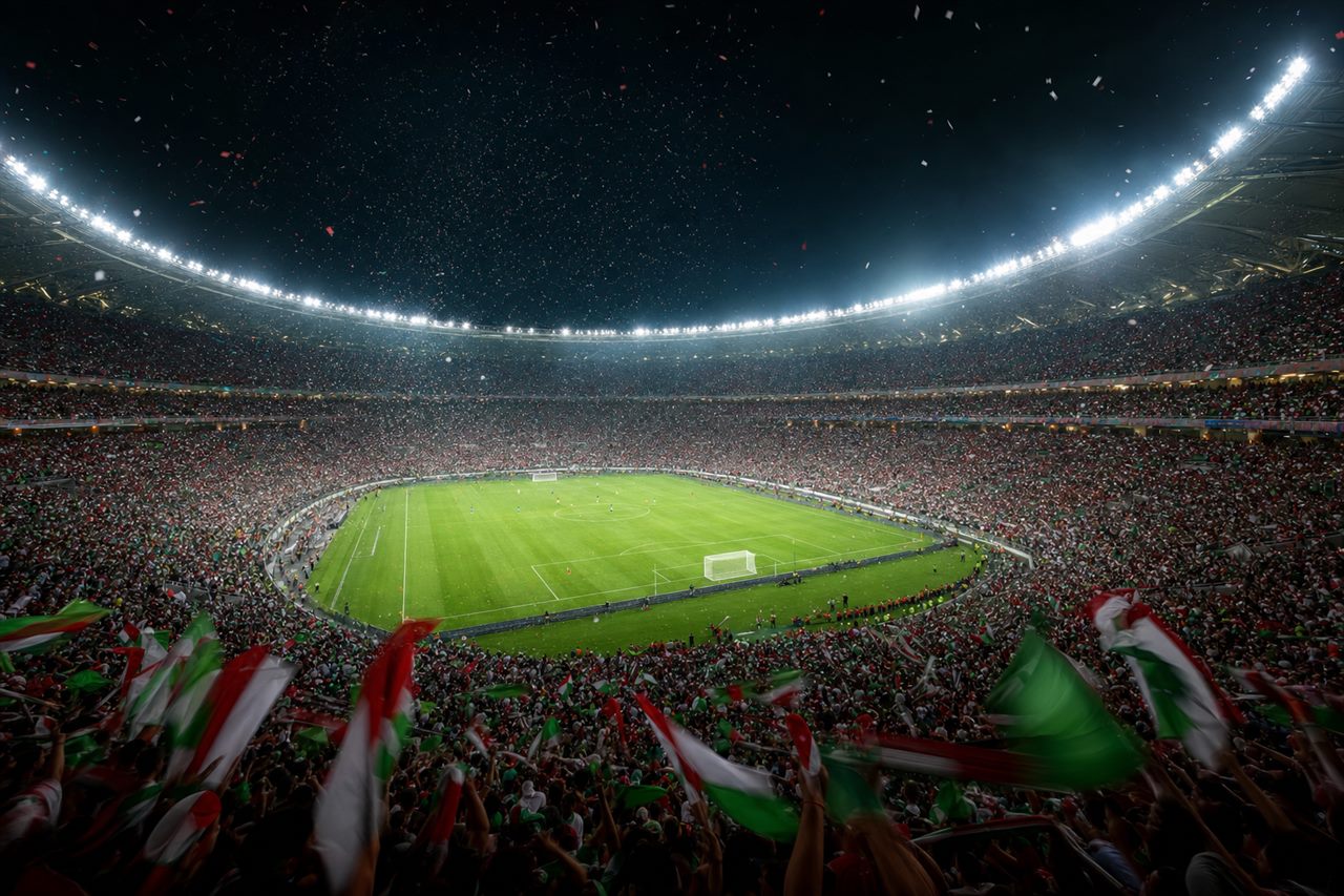 A packed iconic stadium bowl at night under bright floodlights, a huge World Cup crowd in red and white and green filling the stands, dramatic atmosphere, no identifiable faces, no readable text or logos