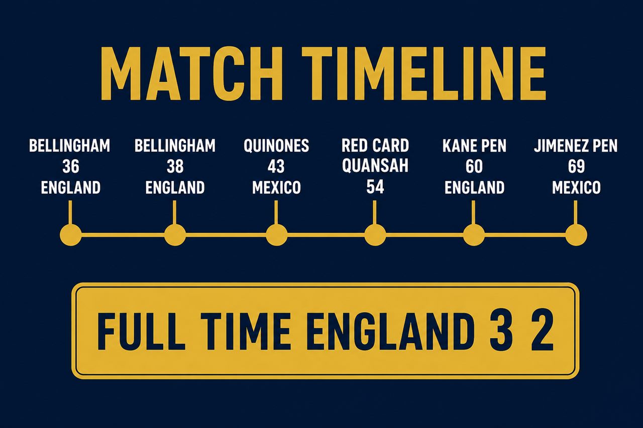 Match timeline graphic: Bellingham scores for England on 36 and 38 minutes, Quinones for Mexico on 43, red card for Quansah on 54, Kane penalty for England on 60, Jimenez penalty for Mexico on 69, full time England 3 2