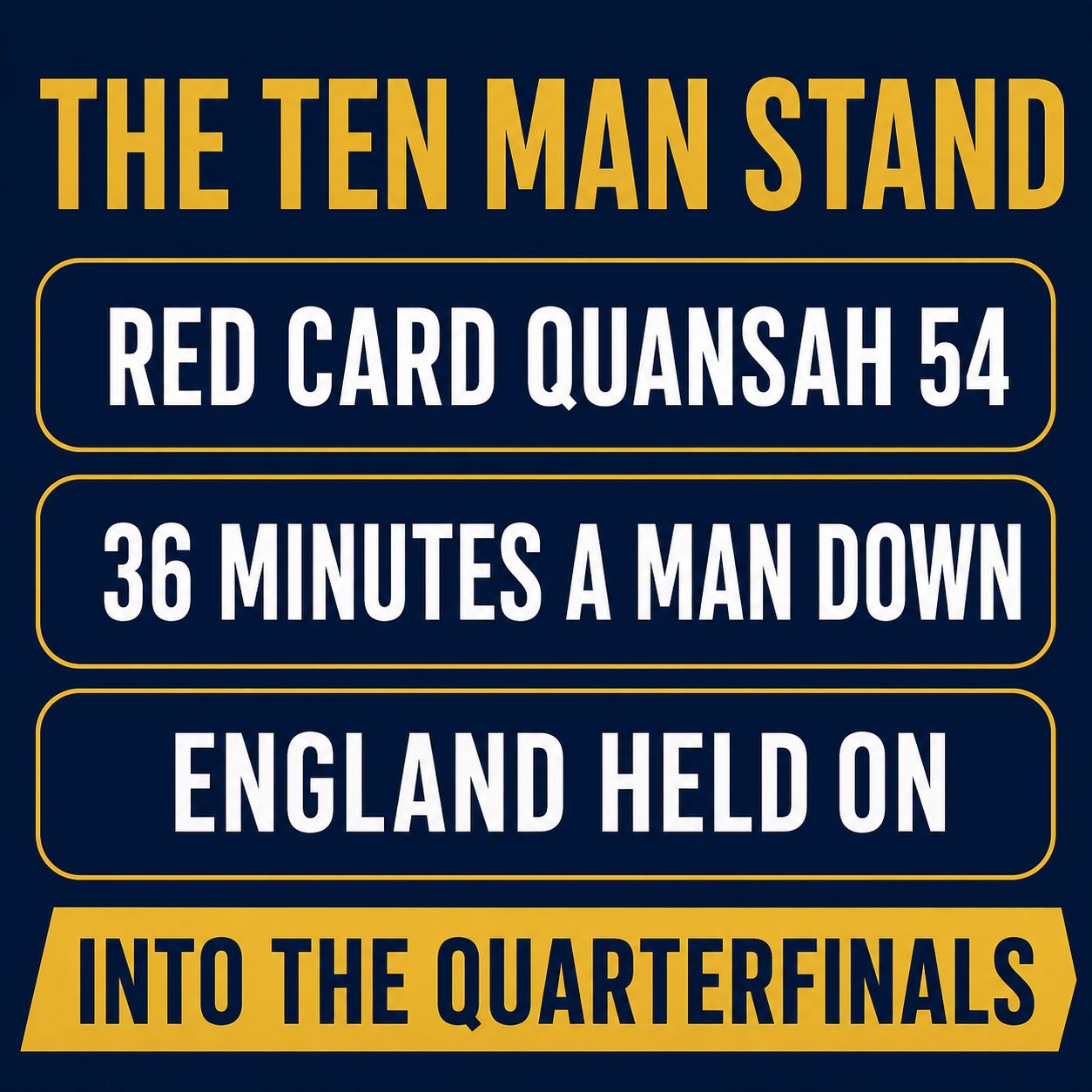 Graphic titled the ten man stand: red card Quansah on 54 minutes, 36 minutes a man down, England held on, into the quarterfinals