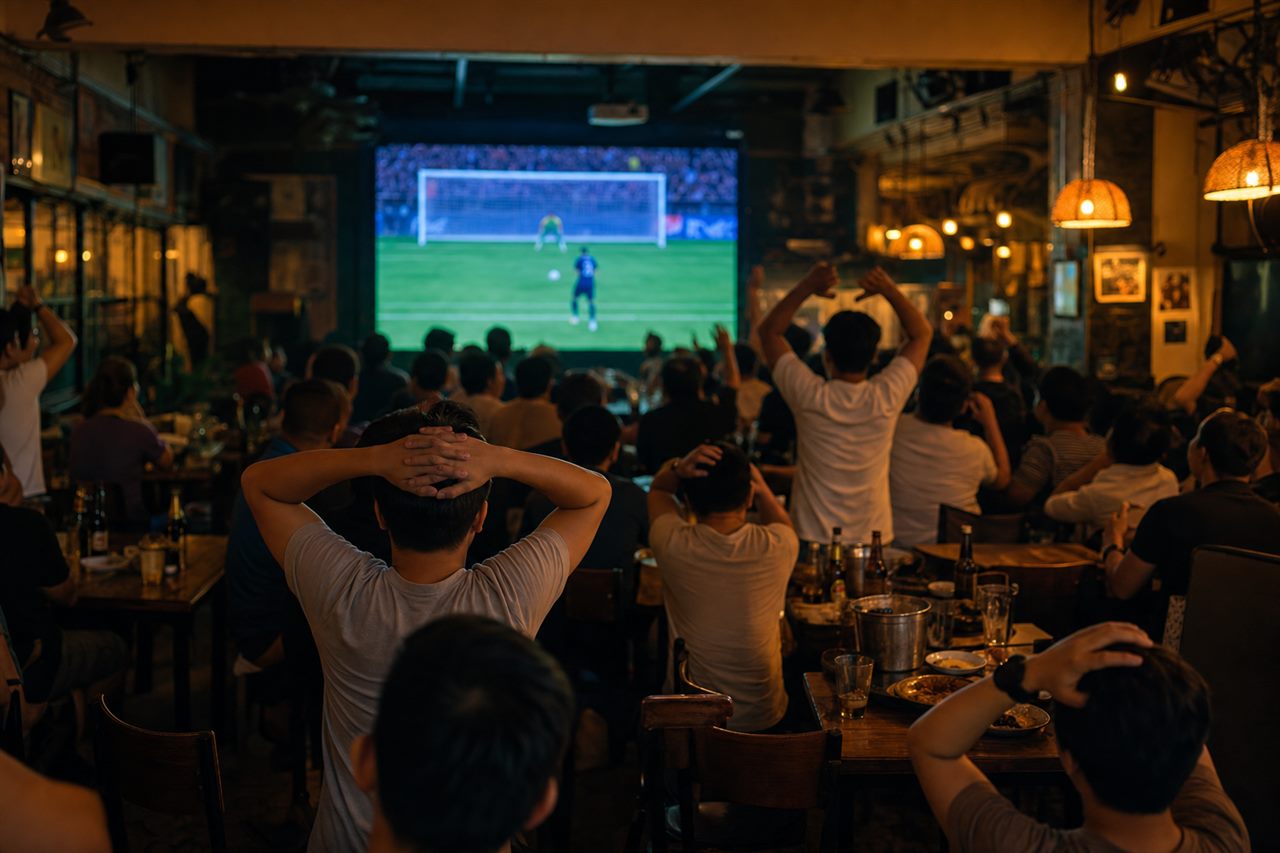 A Filipino sports bar late at night, a crowd of supporters seen from behind watching a tense penalty shootout on a big screen, hands on heads, no identifiable faces, no readable text or logos