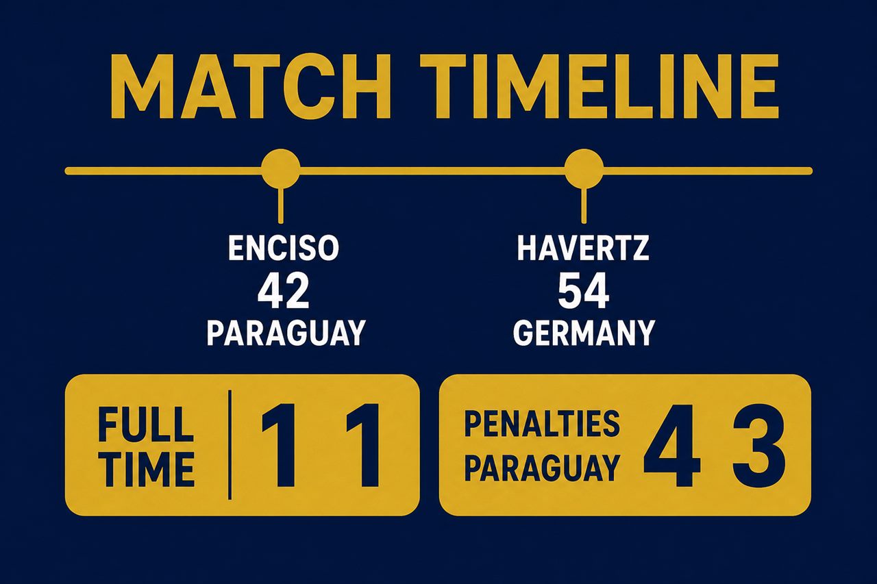 Match timeline graphic: Paraguay lead on 42 minutes through Enciso, Germany equalise on 54 through Havertz, full time 1 1 after extra time, Paraguay win the shootout 4 3