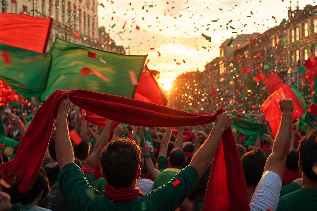 A crowd of football fans celebrating an underdog win in a warm evening street party, waving plain red and green scarves and flags, arms in the air, no identifiable faces, no readable text or logos