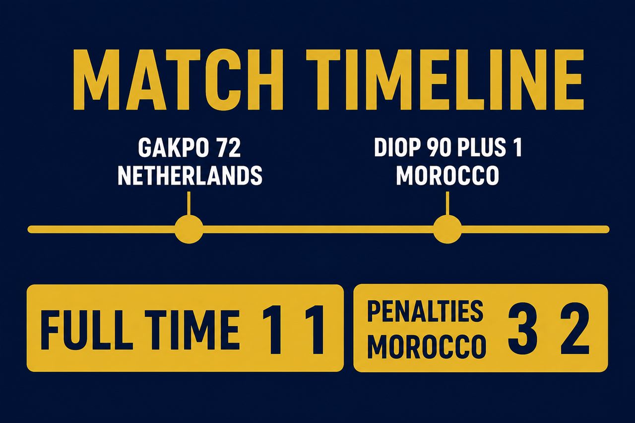 Match timeline graphic: Netherlands lead on 72 minutes through Gakpo, Morocco equalise on 90 plus 1 through Diop, full time 1 1 after extra time, Morocco win the shootout 3 2