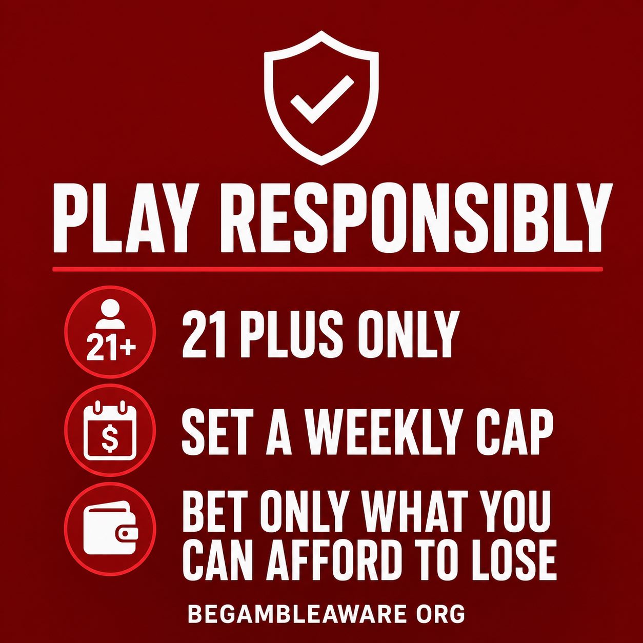 Responsible gambling reminder: bet responsibly, 21 plus, BeGambleAware