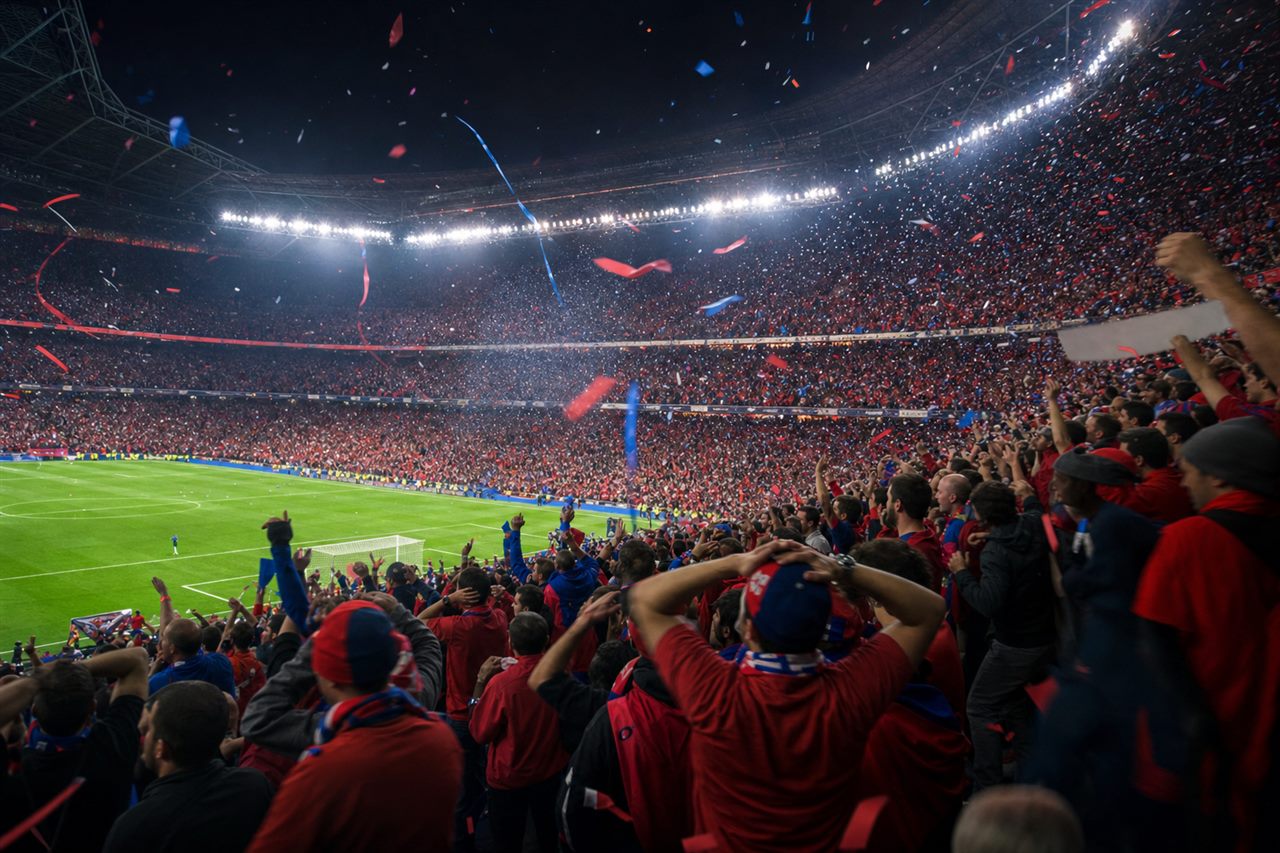 A packed night stadium as away supporters in red and blue erupt in disbelief and joy, arms raised, flares and confetti drifting in the floodlights, no identifiable faces, no readable text or logos