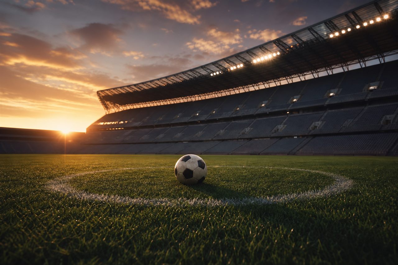 A single football resting on the centre spot of a floodlit pitch in a large stadium at dusk, empty seats fading into shadow, a quiet reflective end of an era mood, no people, no readable text or logos