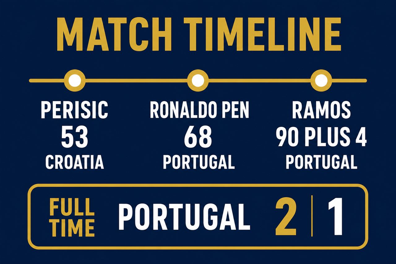 Match timeline graphic: Perisic scores for Croatia on 53 minutes, Ronaldo penalty for Portugal on 68, Ramos winner for Portugal on 90 plus 4, full time Portugal 2 1