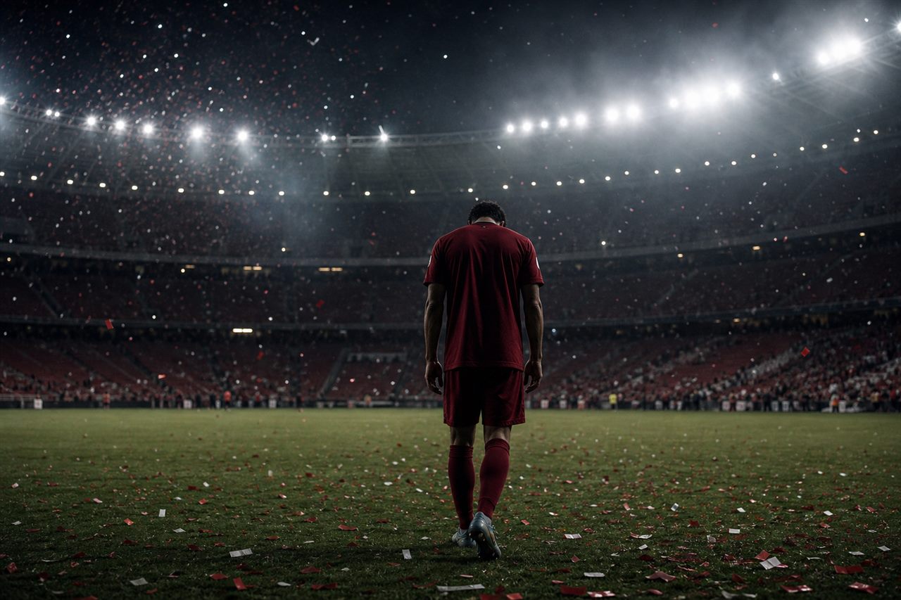 A lone footballer in a dark red kit stands with head bowed on a floodlit pitch at night as the stadium empties behind him, seen in silhouette with no identifiable face, an emotional end of an era mood, no readable text or logos
